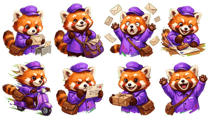 Fototapeta premium A collection of eight adorable red panda illustrations, each depicting the cute animal in various postal worker scenarios, including riding a scooter, delivering mail, and holding packages.