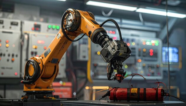 Advanced robotic arm precisely grips wire on mock explosive device in industrial setting