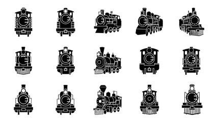 Obraz premium Vintage Locomotive Steam Boiler Silhouette Icon Sheet, Retro Train Engine and Antique Industrial Machinery Vectors