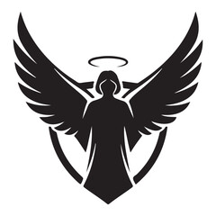 Obraz premium Angel silhouette with spread wings and halo vector icon for spiritual religious or memorial design