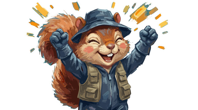 A joyful cartoon squirrel wearing a blue bucket hat and a vest, with its arms raised in celebration and a cheerful expression.