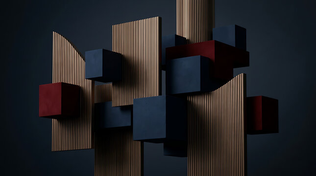Abstract composition of wooden slats and colorful geometric blocks on dark background.