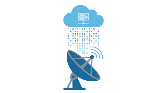 Cloud Server Raining Binary Code onto Satellite Dish, Data Transfer Flat Vector Corporate Concept.