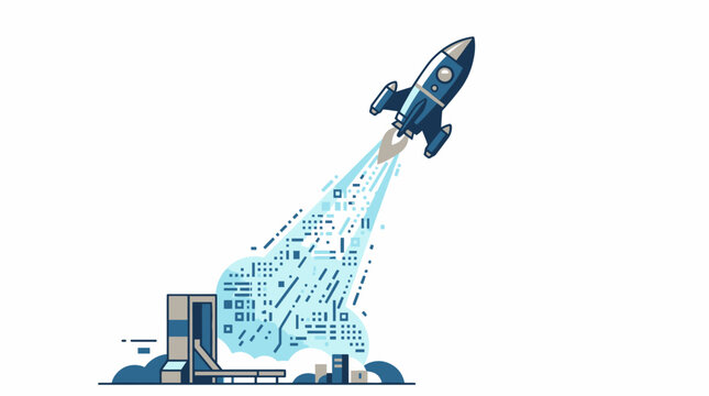 Rocket Ship Lifting Off Leaving Trail of Glowing Binary Code Tech Startup Vector