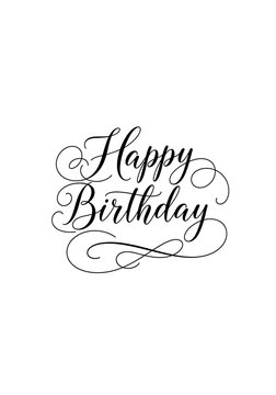 Happy birthday greeting card with elegant black calligraphy on white background