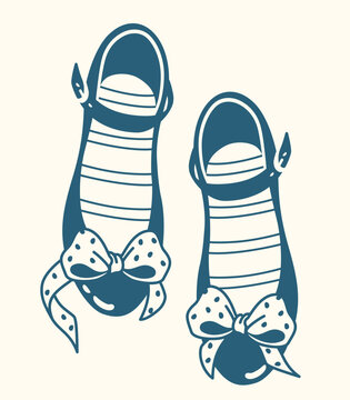 Footwear of Mary Jane style shoes with coquette ribbon bows. Monochrome graphic illustration isolated on a plain background. Perfect for girly fashion and vintage apparel design.
