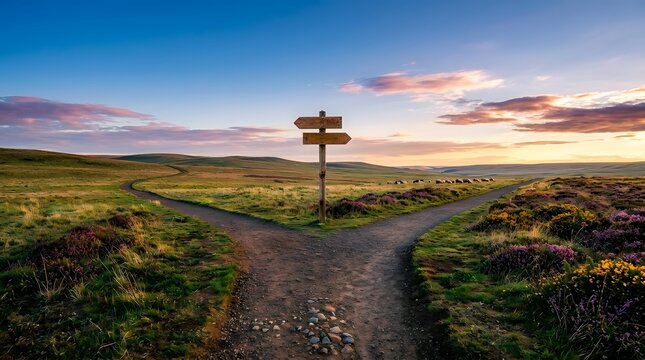 Fork in dirt path with signpost in rolling landscape at sunset, choice concept.