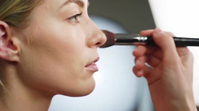 Extreme close-up of young caucasian woman's radiant side profile as a hand dabs translucent setting powder with a fluffy brush, creamy bokeh background. Luxurious beauty artistry process