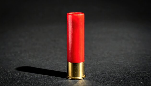 A Single Red Shotgun Shell with Brass Base Standing Upright Against a Dark Background