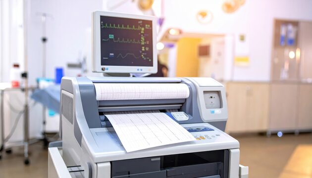 An electrocardiogram ECG machine printing out a paper strip showing heart rhythm in a medical setting