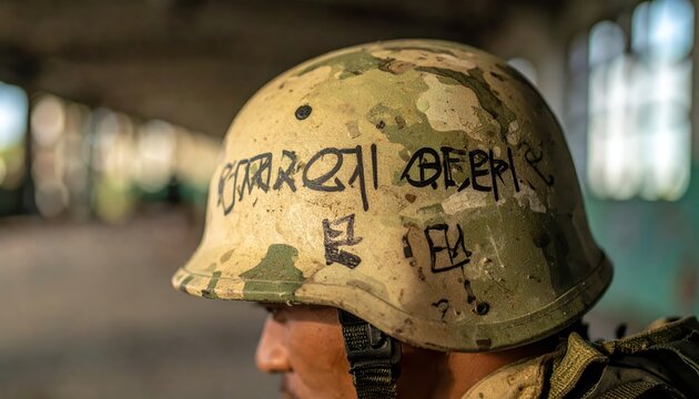 A soldier's helmet with hand-written call signs and personal markings on its camouflage pattern