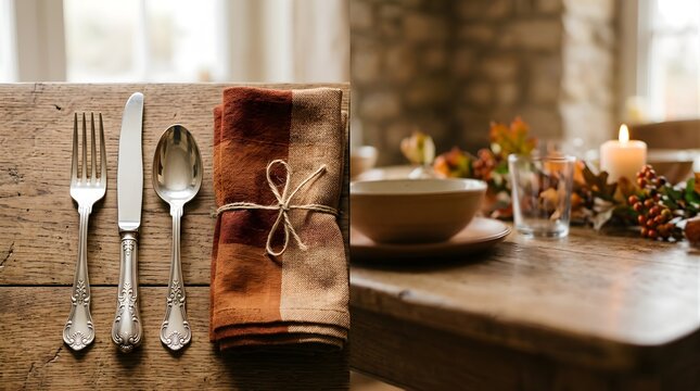 Rustic Place Setting with Silver Cutlery on Wooden Table for Fall Holiday