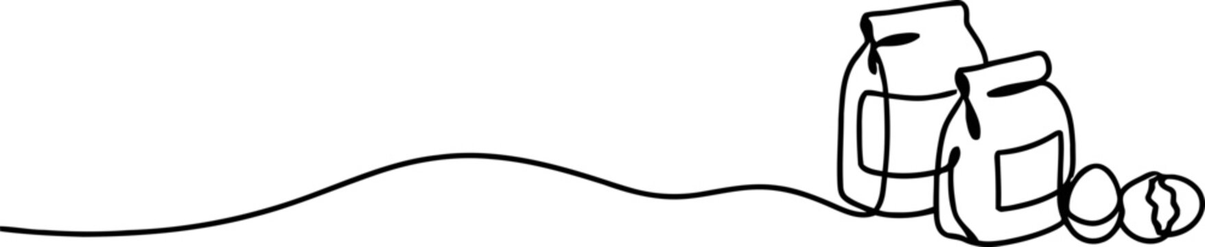 Hand-drawn illustration of grocery bags and eggs on a wavy line