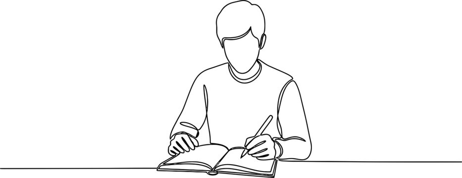 Minimalist line art of a person writing in an open book, studying or journaling.