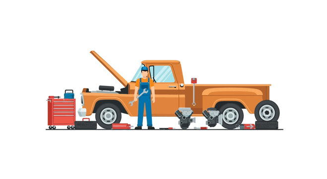 Mechanic Fixing Vintage Orange Pickup Truck with Engine Parts and Tools