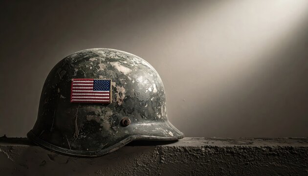 A weathered military helmet with a faded American flag patch, showing signs of wear and battle.