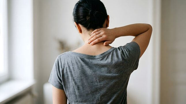 Woman with neck pain looking stressed or uncomfortable indoors