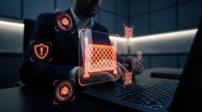 Cybersecurity Network Firewall Concept: Sharp Holographic Grid Fence Icon with Blurred Businessman and Security Shields