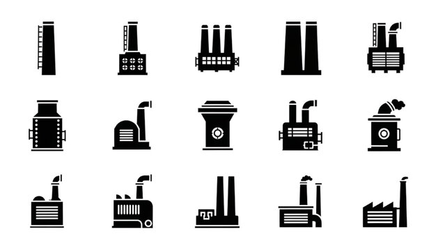 Boiler Exhaust Vent and Smokestack Silhouette Icon Sheet, Industrial Ventilation Pipe Flat Black Solid Vectors