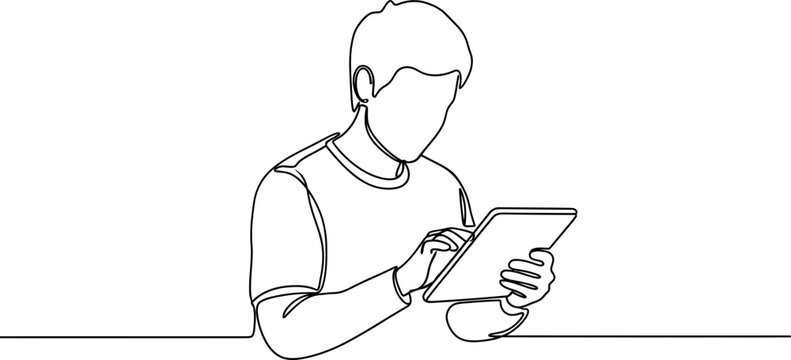 Continuous line drawing of a person using a tablet, simple minimalist art, white background