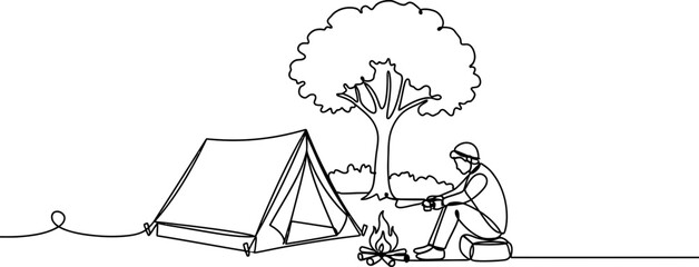 One line drawing of person camping by tent and campfire under tree, outdoor recreation © banar