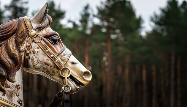 close up of an intricately designed vintage carousel horse with a deep moody forest backdrop evoking feelings of nostalgia