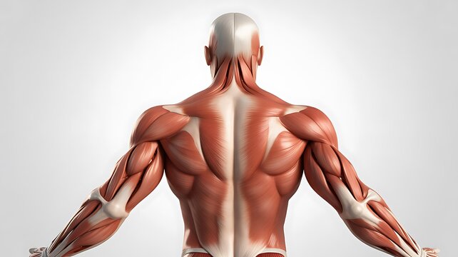 Comprehensive anatomical view of male human back muscles with arms spread