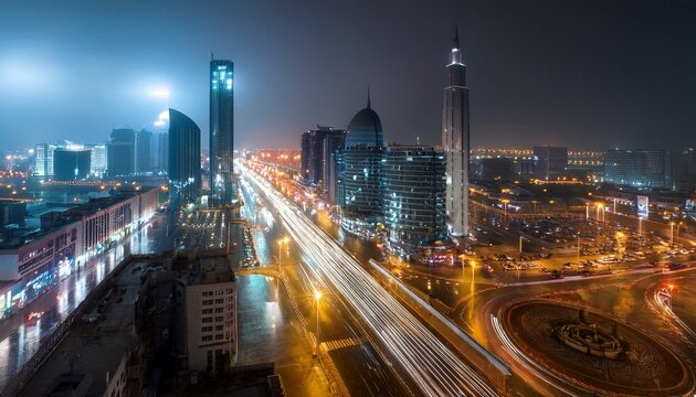 night view of riyadh city during the rain with cars and lights on the road