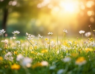 Obraz premium spring meadow with blooming flowers blur background soft focus