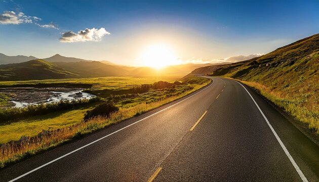 a vibrant sun kissed road glistens with the promise of adventure its smooth tar surface beckoning travelers down its winding lane towards the unknown