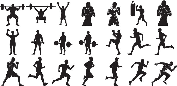 Black silhouette icons of athletes, fitness and sports, 20 people exercising, running and lifting weights, vector graphics