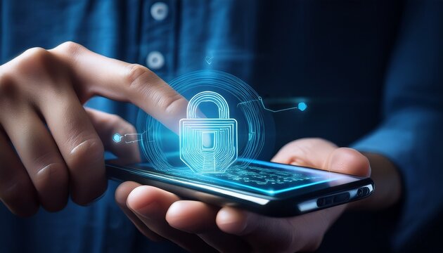 digital privacy touch on cellphone a close up shot of a hand interacting with a smart phone s screen the screen displays a digital lock graphic which implies data protection