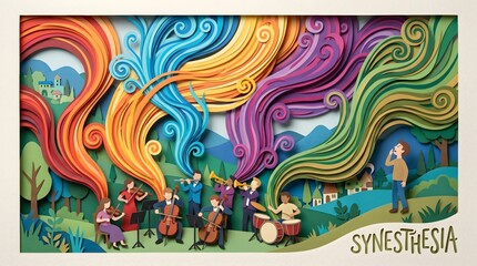 Obraz premium A vibrant paper-cut illustration where an orchestra's music blooms into a swirling aurora of color, capturing the profound sensory intersection and auditory harmony of synesthesia.