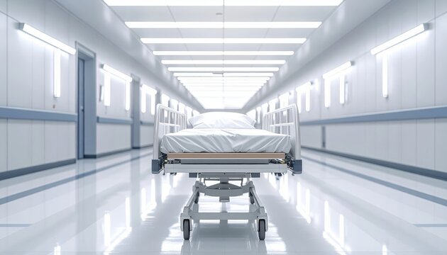 An Empty Hospital Gurney with Clean White Sheets and Side Rails Up, Waiting in a Bright Medical Corridor