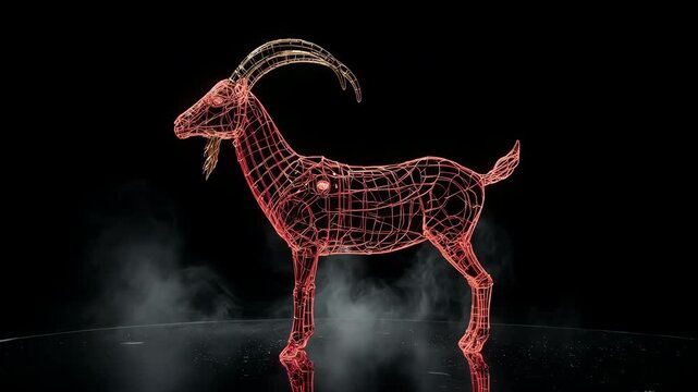 Neon Red Wireframe Goat in Darkness