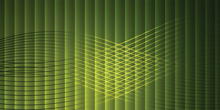 Dynamic interplay of radiant yellow grids and flowing waves against a verdant ribbed backdrop, creating a modern digital art concept with technological undertones