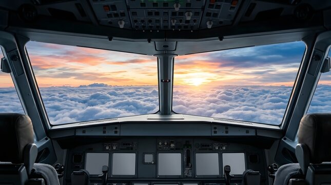 Airplane cockpit windows frame a panoramic sunset view above a thick layer of soft, white clouds at high altitude.