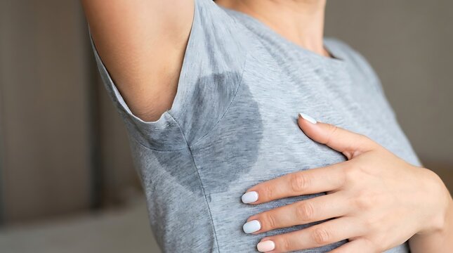 Close up of woman wearing gray t-shirt with large underarm sweat stain highlighting hyperhidrosis and body perspiration, t shirt