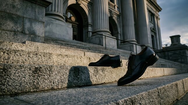 Leather shoes float above the textured stone steps of a grand neoclassical building during twilight.