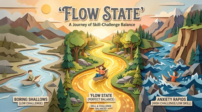 A vibrant paper-cut metaphor illustrating the psychology of Flow State as a golden river of perfect skill-challenge balance between the dull shallows of boredom and turbulent rapids of...