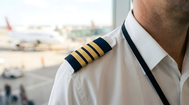 Airline pilot stands in profile against a bright terminal window with a soft focus on the parked airplanes on the tarmac outside.