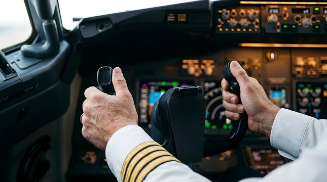 Pilot hands grip the control yoke while navigating an airplane cockpit filled with glowing amber instrument lights and complex metallic textures.