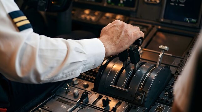 Pilot hand firmly grips the black metallic throttle levers while navigating a commercial aircraft cockpit during a nighttime flight.