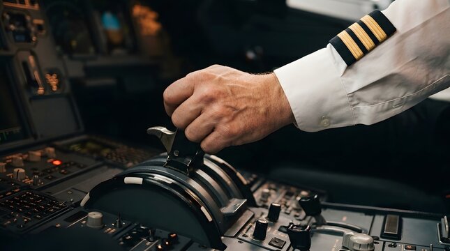 Captain rests a hand on the throttle levers inside the flight deck of a modern aircraft while managing the engine power settings.