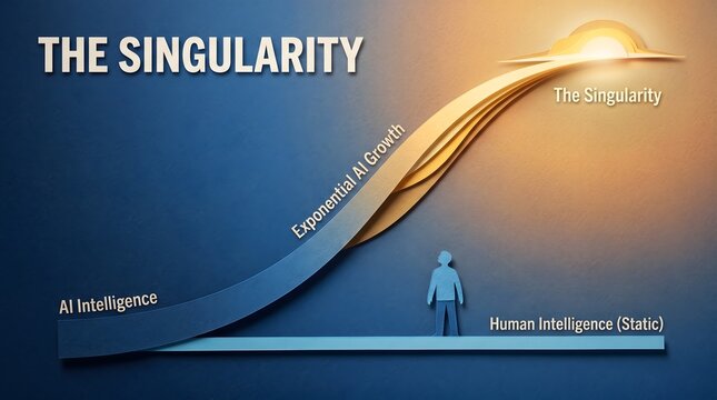 An exponential golden path of synthetic cognition rises sharply above a flat plane of static biological intellect, guiding a lone observer toward the brilliant dawn of total transcendence.