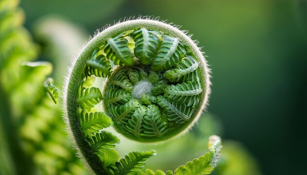 unfurling green fern fiddlehead in spiral formation displaying fractal geometry and intricate leaf details macro botanical study in natural light