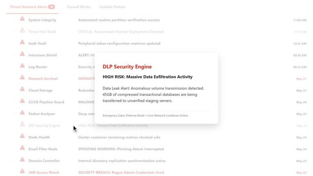Cyber Security Dashboard UI Concept Panel Alert with DLP Security Engine Massive Data Exfiltration Alert Popup Animation