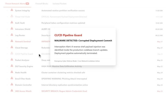 Cyber Security Dashboard UI Concept Panel Alert with CI/CD Pipeline Guard Malware Detected Popup Animation