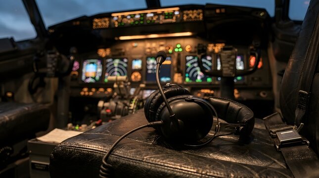 Communication headset rests upon a textured leather pilot chair in front of a glowing airplane flight deck.