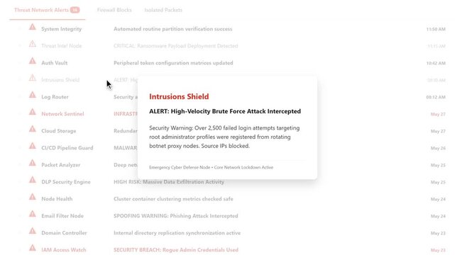Cyber Security Dashboard UI Concept Panel Alert with Intrusions Shield Brute Force Attack Intercepted Popup Animation